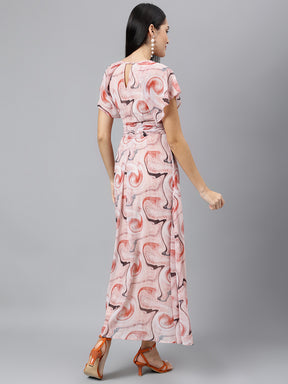 Beige Printed Cap Sleeve Casual Maxi Dress