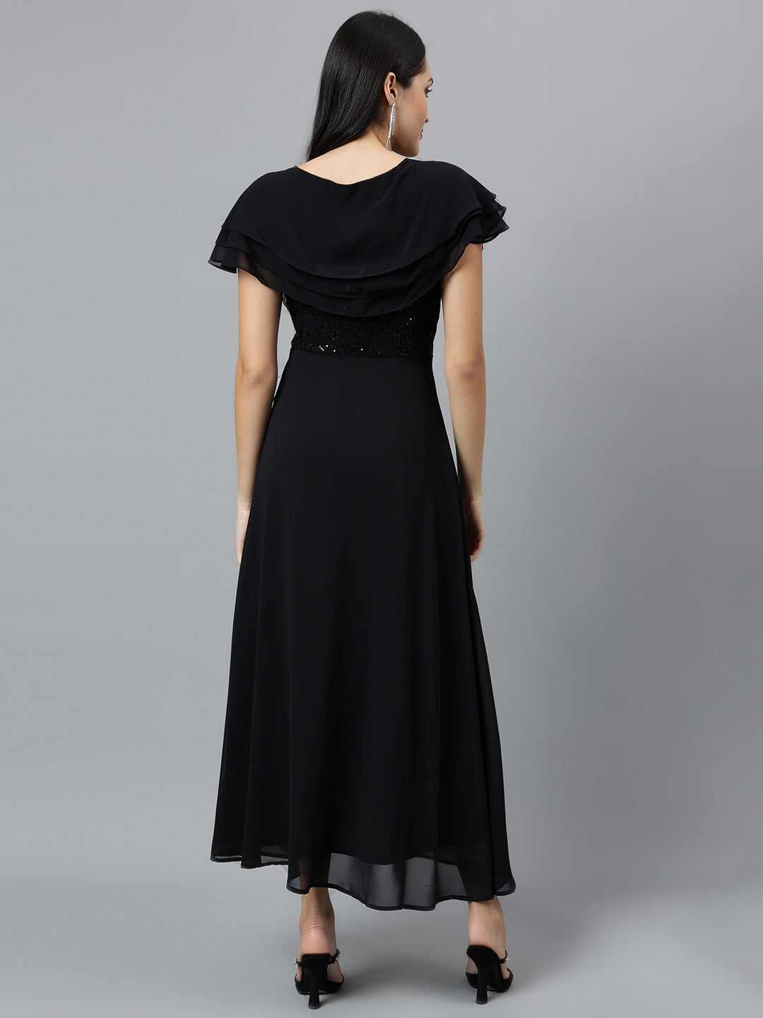Black Solid Cap Sleeves Party Dress
