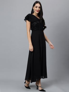 Black Solid Cap Sleeves Party Dress
