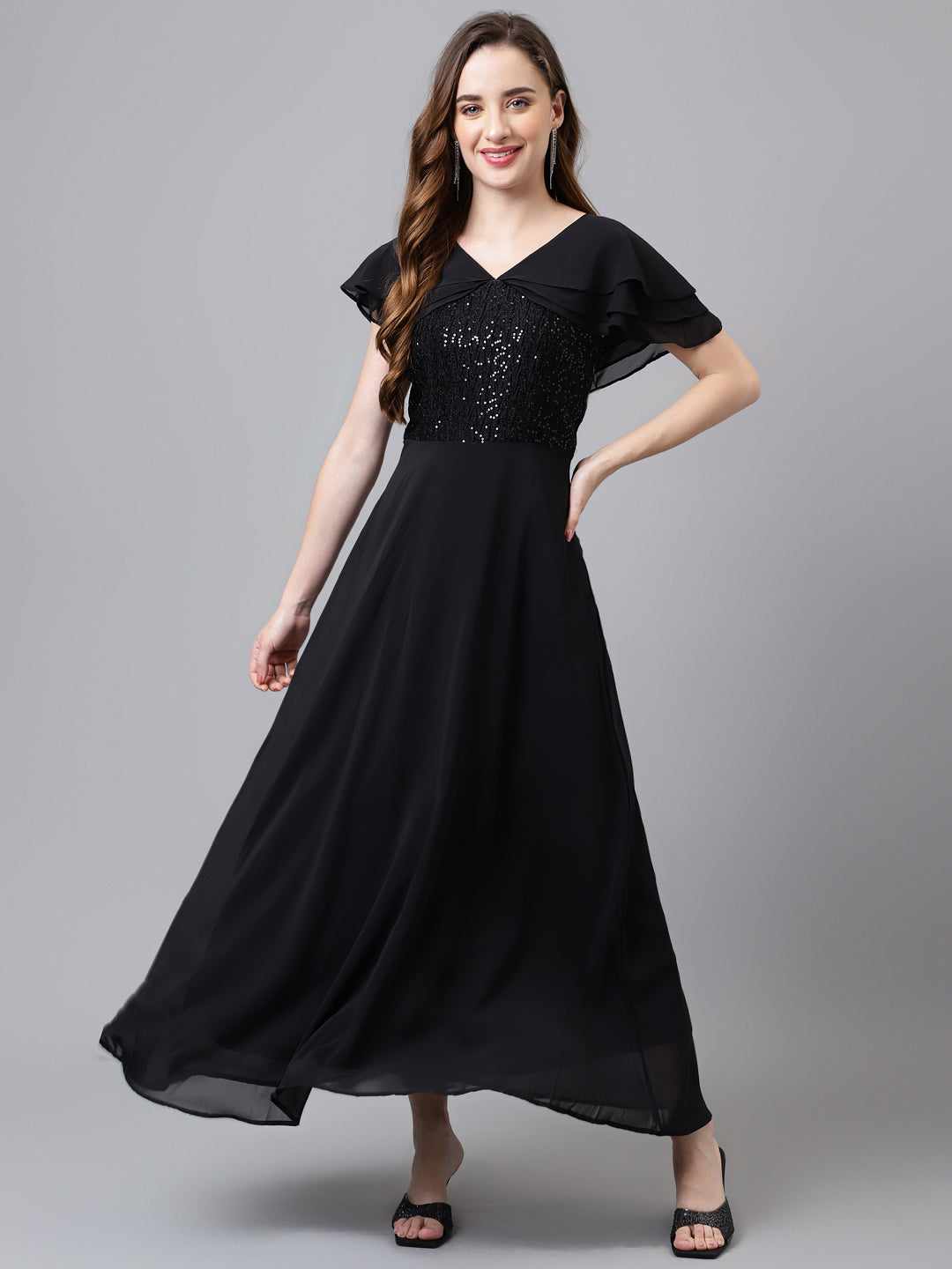 floor length half sleeve v neck maxi dress Sheath/Column V-Neck Half Sleeves Floor-Length Mother of the Bride Dresses with Ruffles & Appliques Ocean Blue