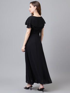 Black Half Sleeve V-Neck Solid Maxi Dress