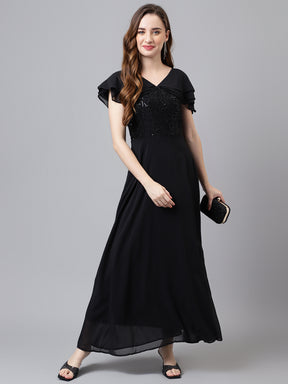 Black Half Sleeve V-Neck Solid Maxi Dress