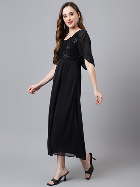 Black Half Sleeve Solid Long Dress