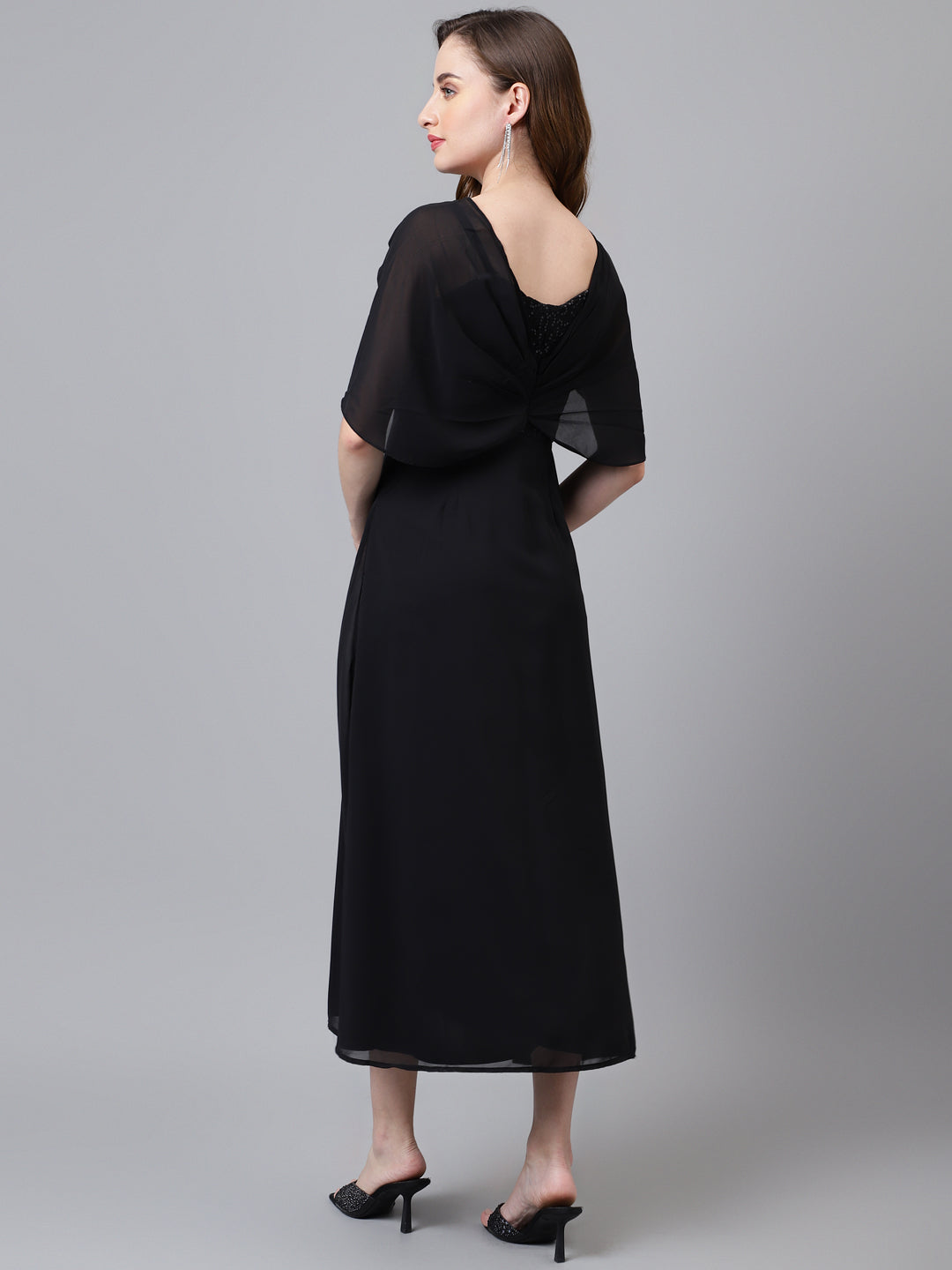 Black Half Sleeve Solid Long Dress