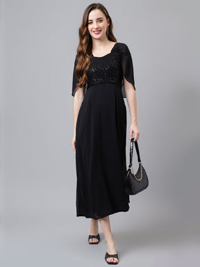 Black Half Sleeve Solid Long Dress