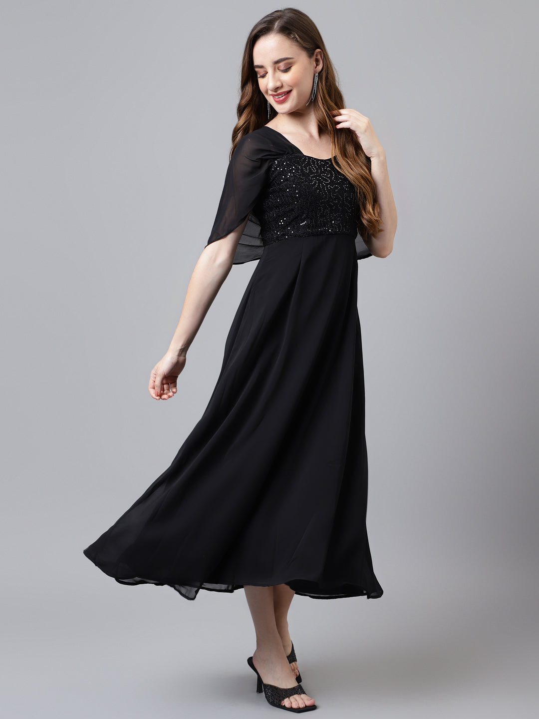 Black Half Sleeve Solid Long Dress