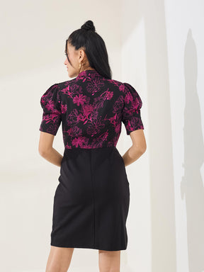 Latin Quarters Women's Black Printed Half Sleeves V-Neck Casual Bodycon Dress