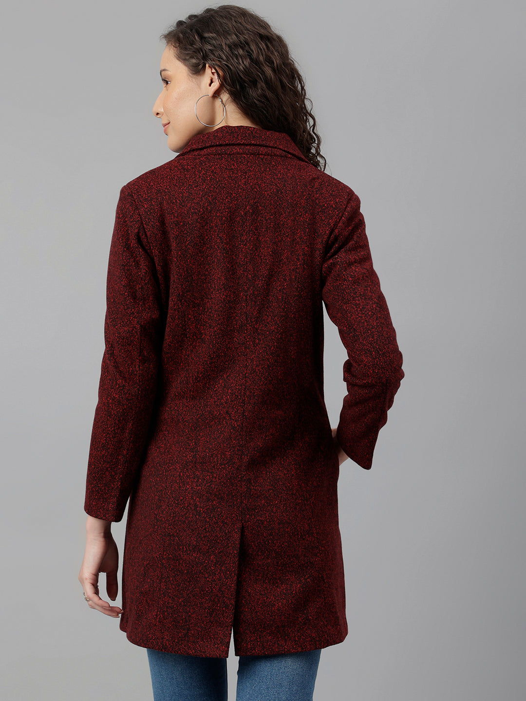 Red Full Sleeve Solid Over Coat Jacket