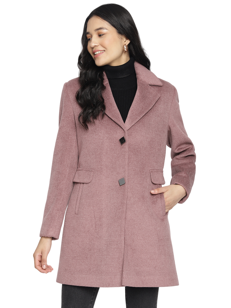 Latin Quarters Women Pink Solid Lapel Collar Full Sleeve Casual A-Line Coat