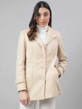 Beige Full Sleeve Solid Over Coat Jacket