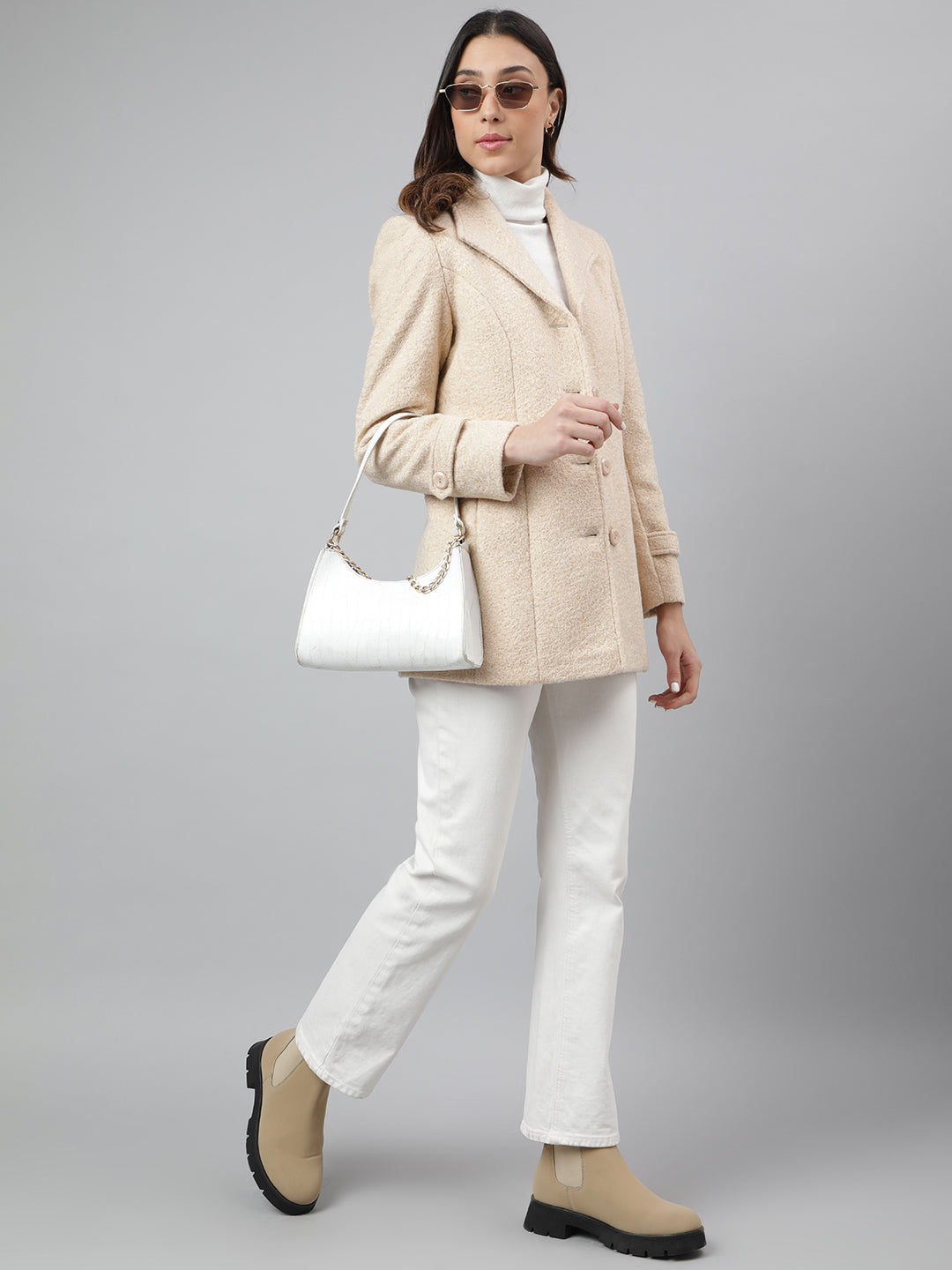 Beige Full Sleeve Solid Over Coat Jacket