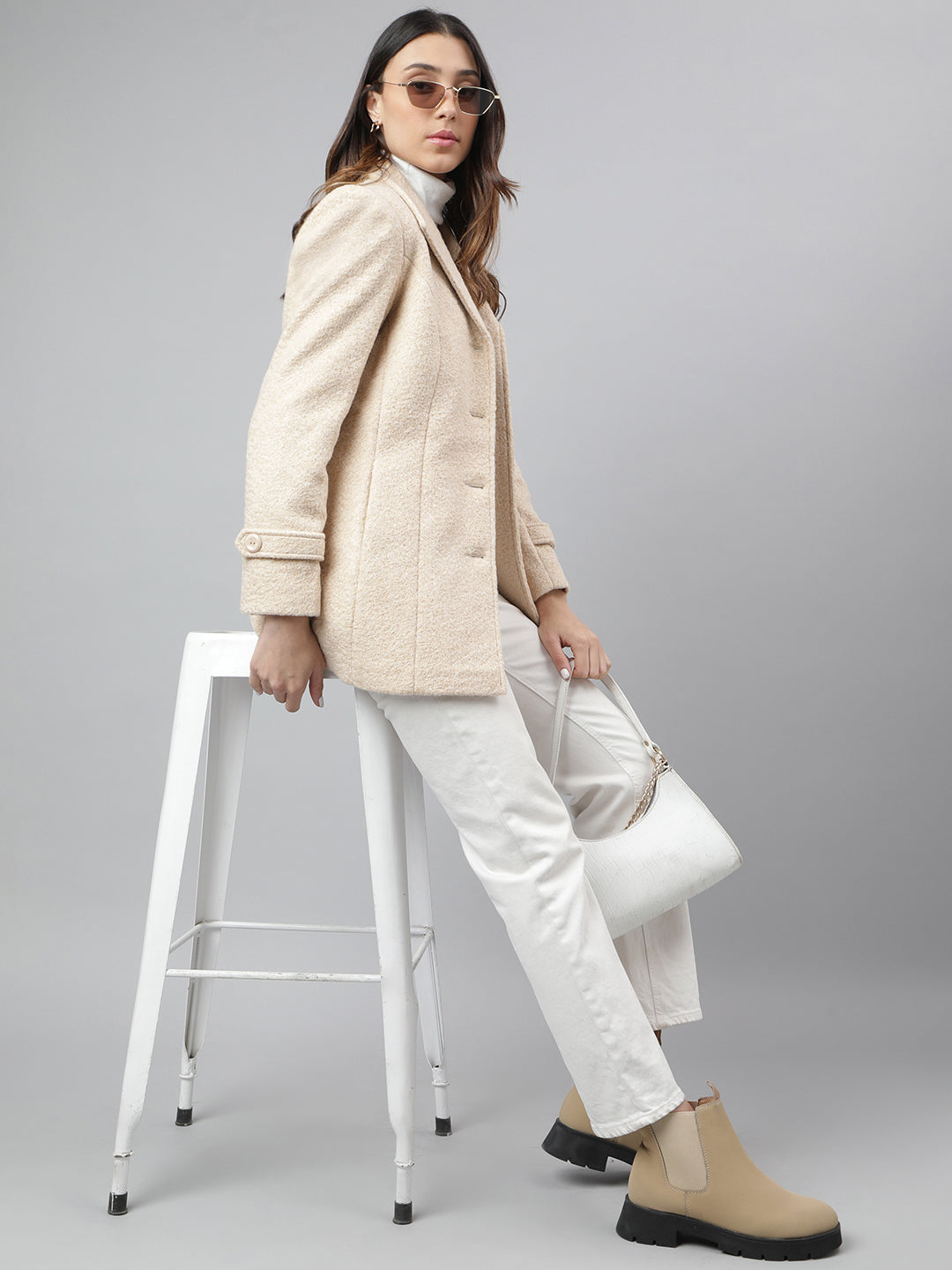 Beige Full Sleeve Solid Over Coat Jacket