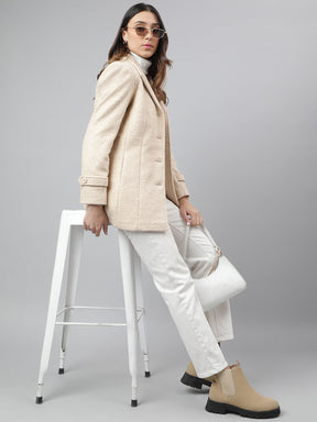 Beige Full Sleeve Solid Over Coat Jacket