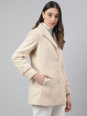 Beige Full Sleeve Solid Over Coat Jacket