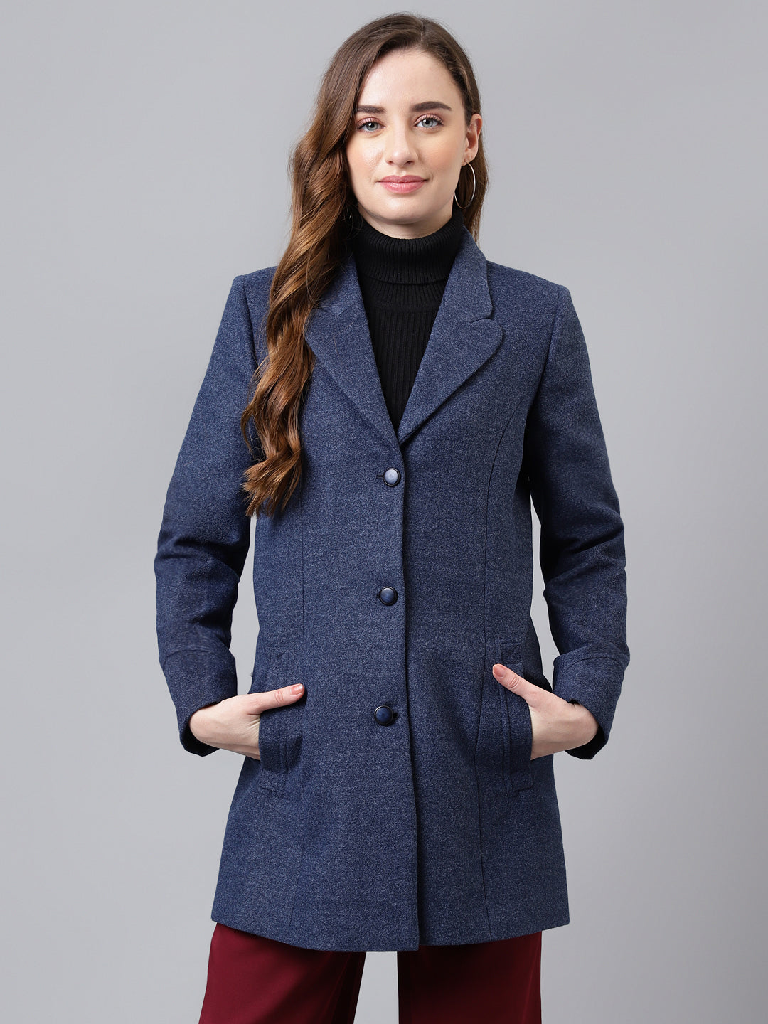 Blue Full Sleeve Solid Normal Over Coat Jacket