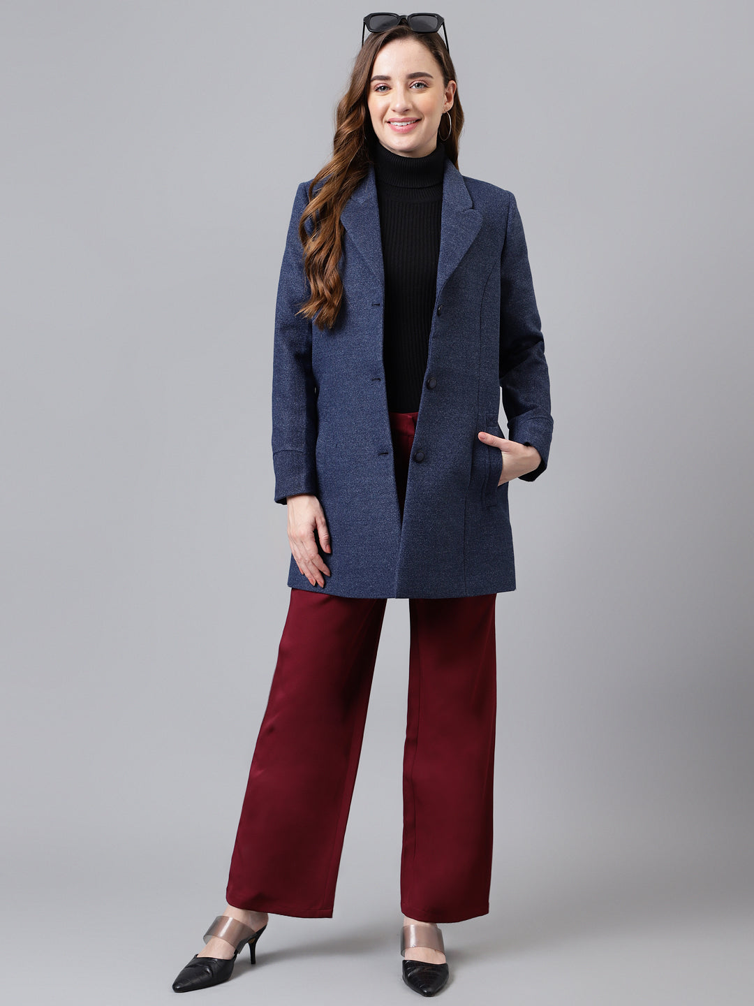 Blue Full Sleeve Solid Normal Over Coat Jacket