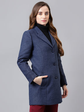 Blue Full Sleeve Solid Normal Over Coat Jacket