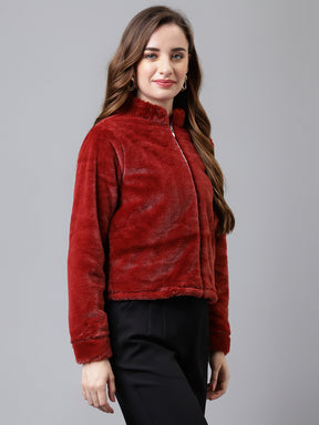 Rose Full Sleeve Solid Women Jacket with Zipper for Party