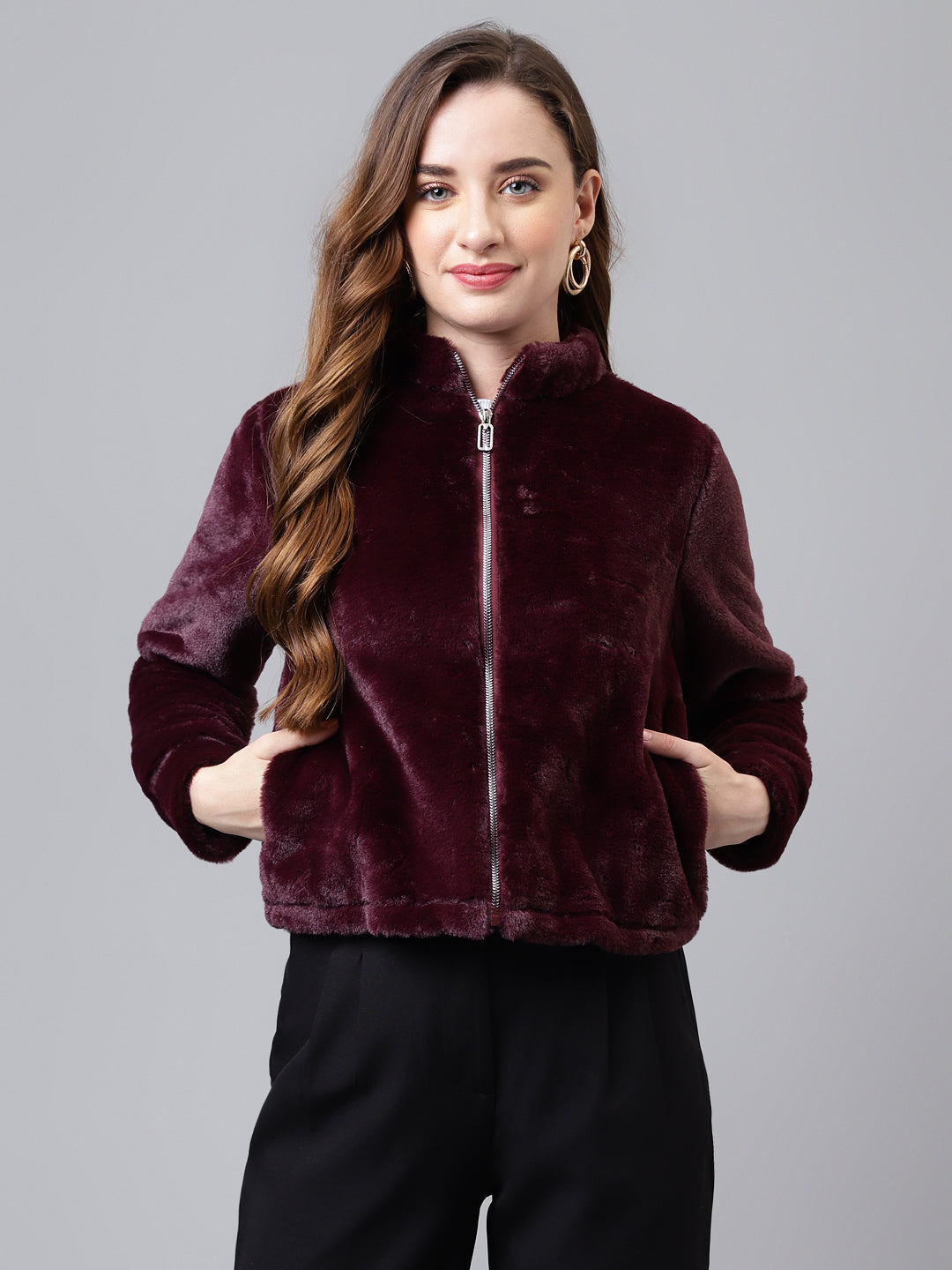 Wine Full Sleeve Solid Casual Jacket