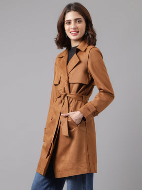 Brown Full Sleeve Classic Fit Polyester Stretch Jacket With Button