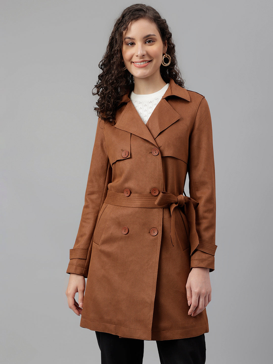Latin Quarters Women Brown Solid Lapel Collar Full Sleeve Casual Trench Coat