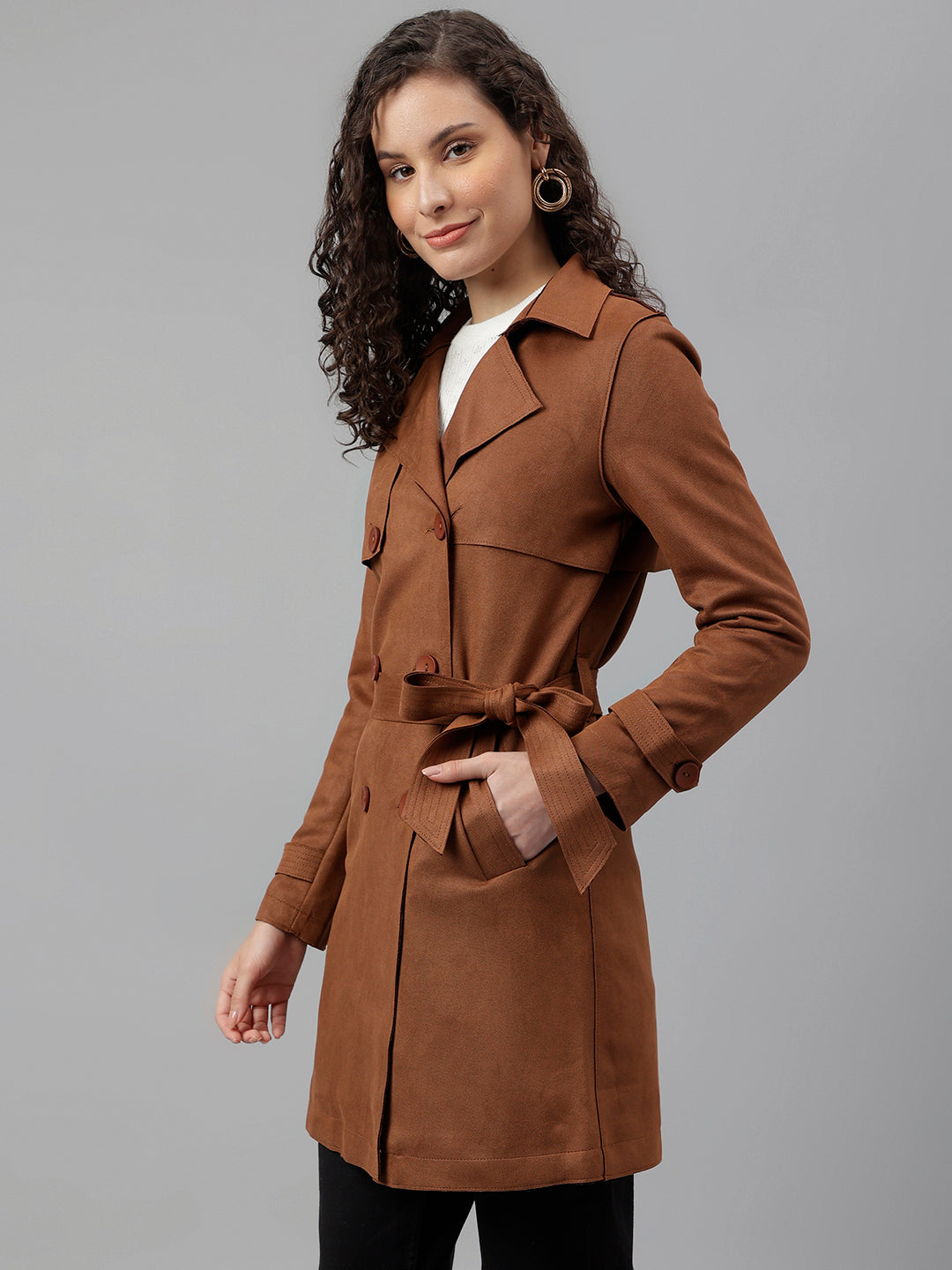 Latin Quarters Women Brown Solid Lapel Collar Full Sleeve Casual Trench Coat
