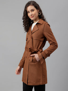 Latin Quarters Women Brown Solid Lapel Collar Full Sleeve Casual Trench Coat
