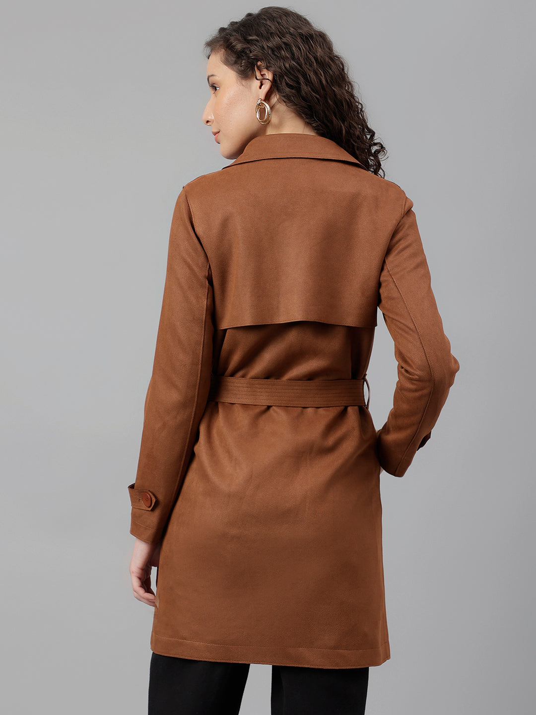 Latin Quarters Women Brown Solid Lapel Collar Full Sleeve Casual Trench Coat