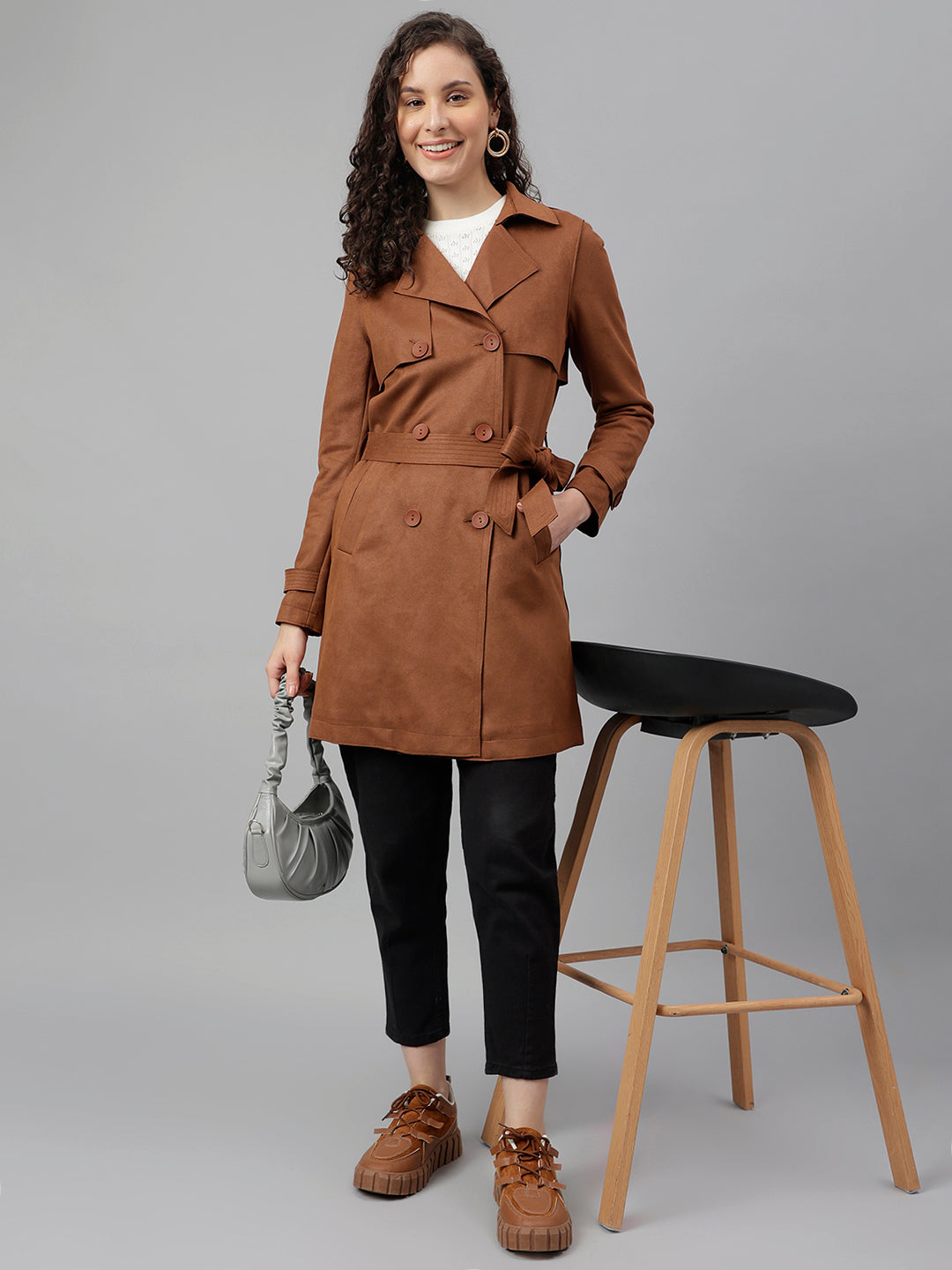 Latin Quarters Women Brown Solid Lapel Collar Full Sleeve Casual Trench Coat