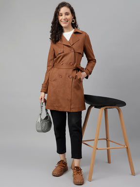 Latin Quarters Women Brown Solid Lapel Collar Full Sleeve Casual Trench Coat