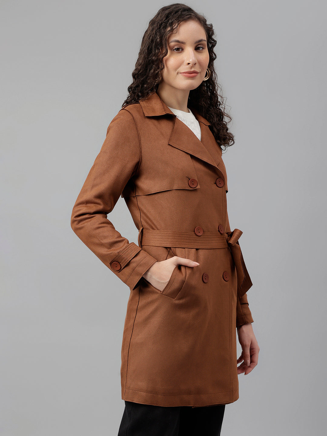 Latin Quarters Women Brown Solid Lapel Collar Full Sleeve Casual Trench Coat