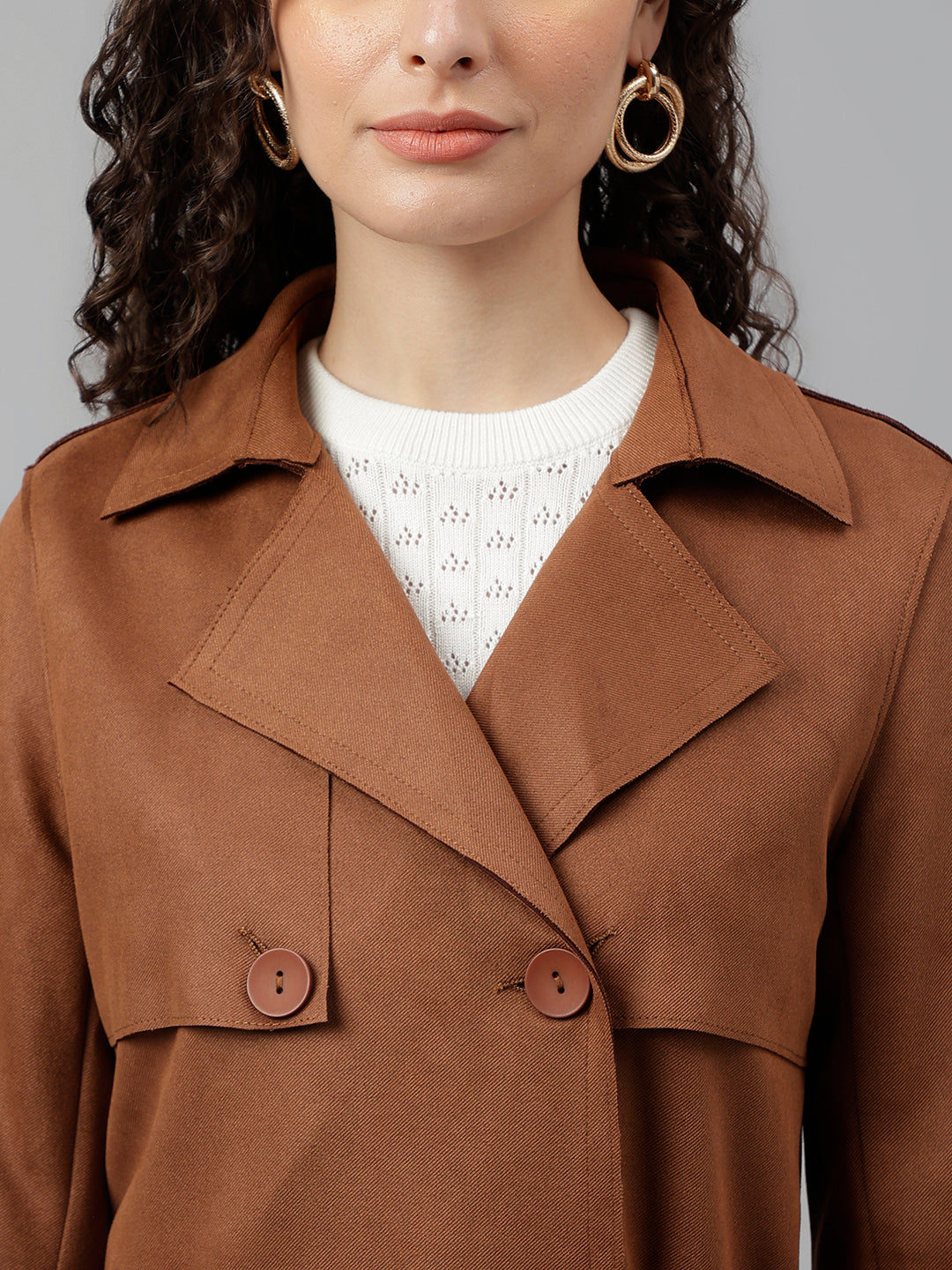 Latin Quarters Women Brown Solid Lapel Collar Full Sleeve Casual Trench Coat