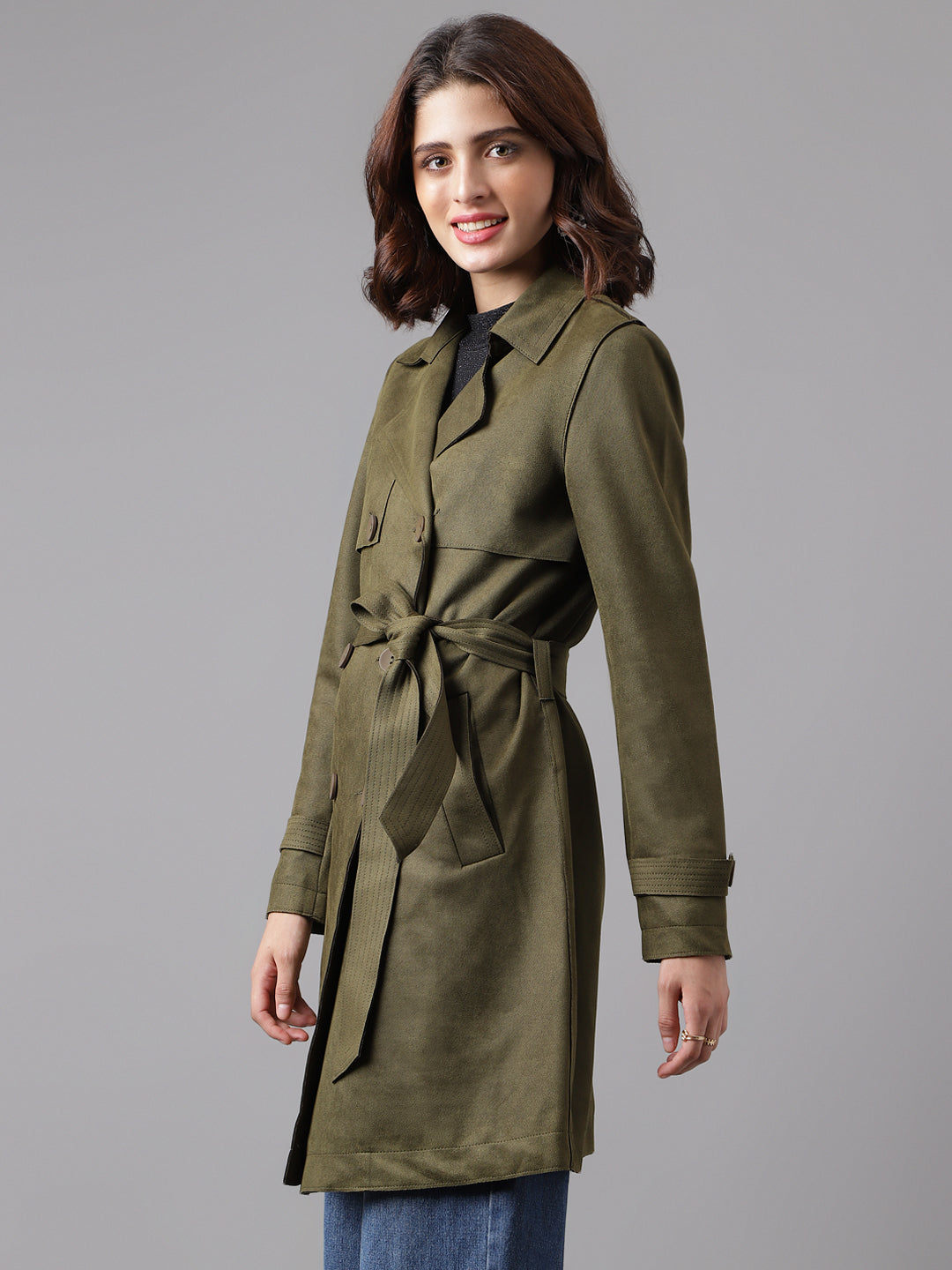 Green Full Sleeve Classic Fit Polyester Stretch Jacket With Button