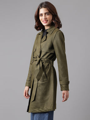 Green Full Sleeve Classic Fit Polyester Stretch Jacket With Button