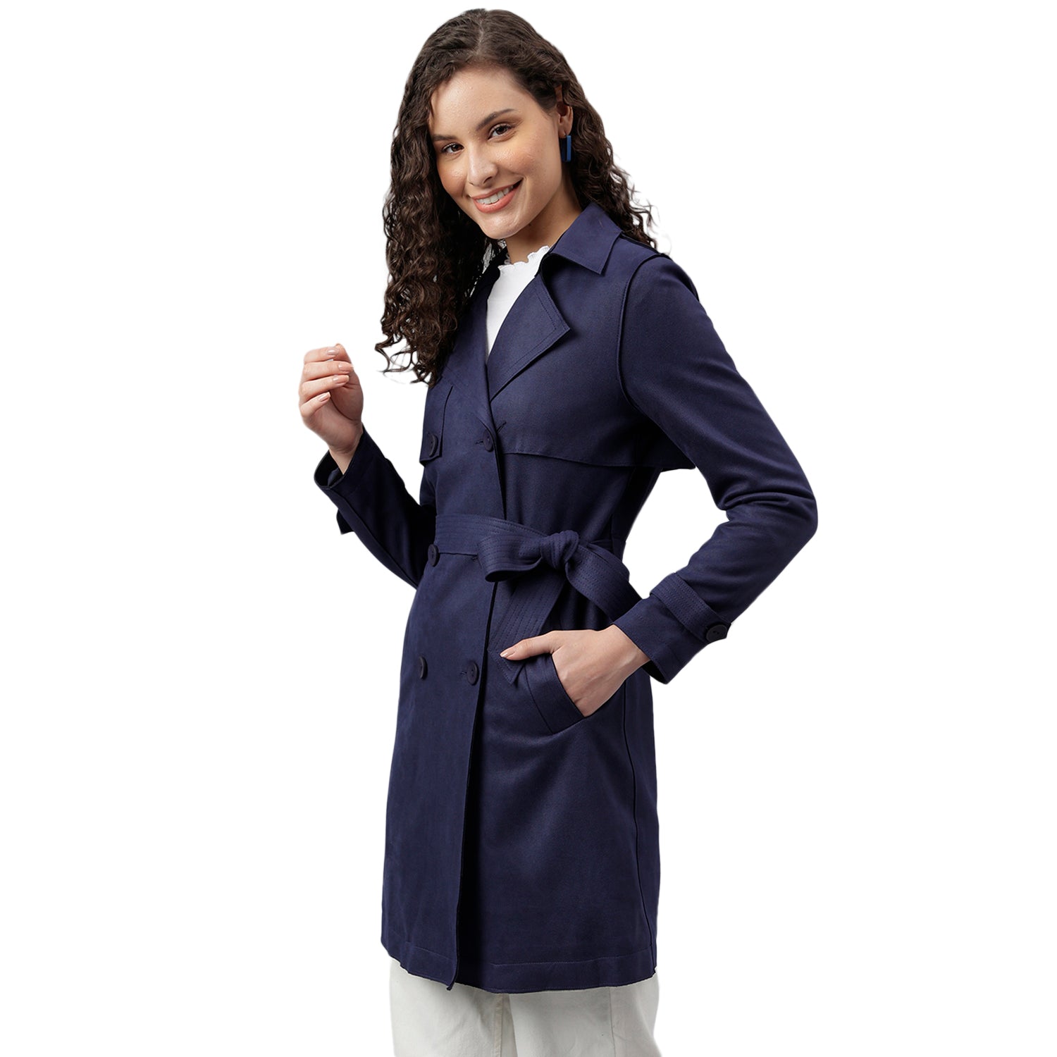 Blue Navy Full Sleeve Classic Fit Polyester Stretch Jacket With Button