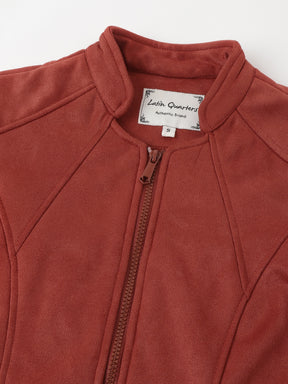 Red Full Sleeve Round Neck Solid Women Straight Jacket for Casual