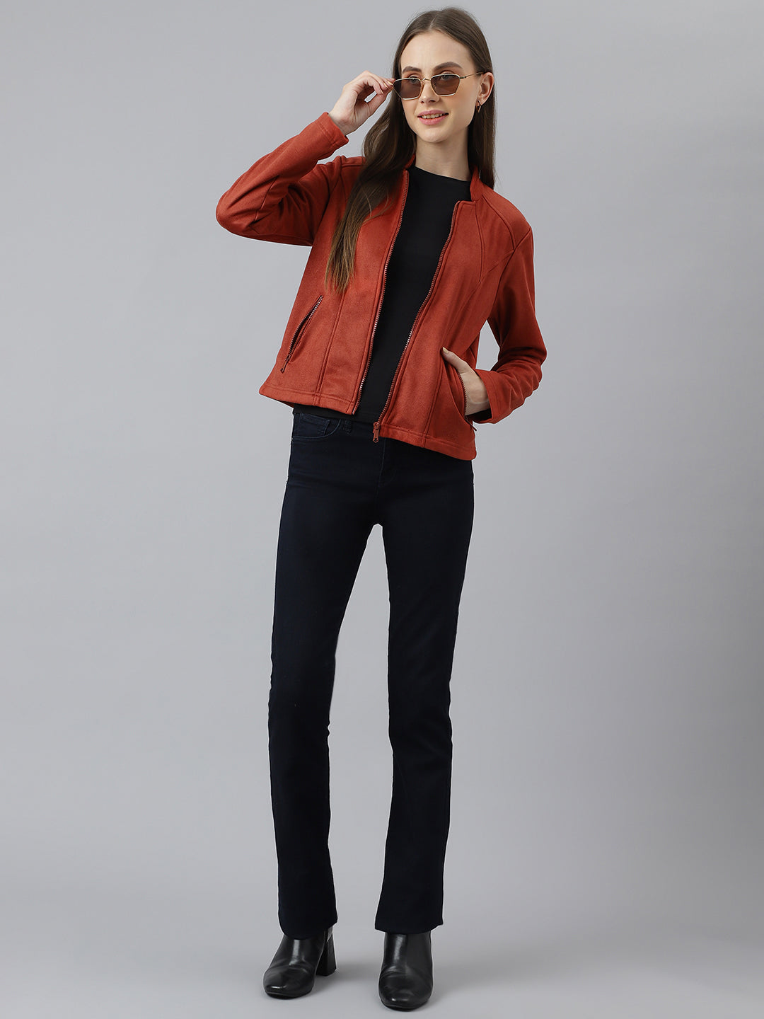 Red Full Sleeve Round Neck Solid Women Straight Jacket for Casual