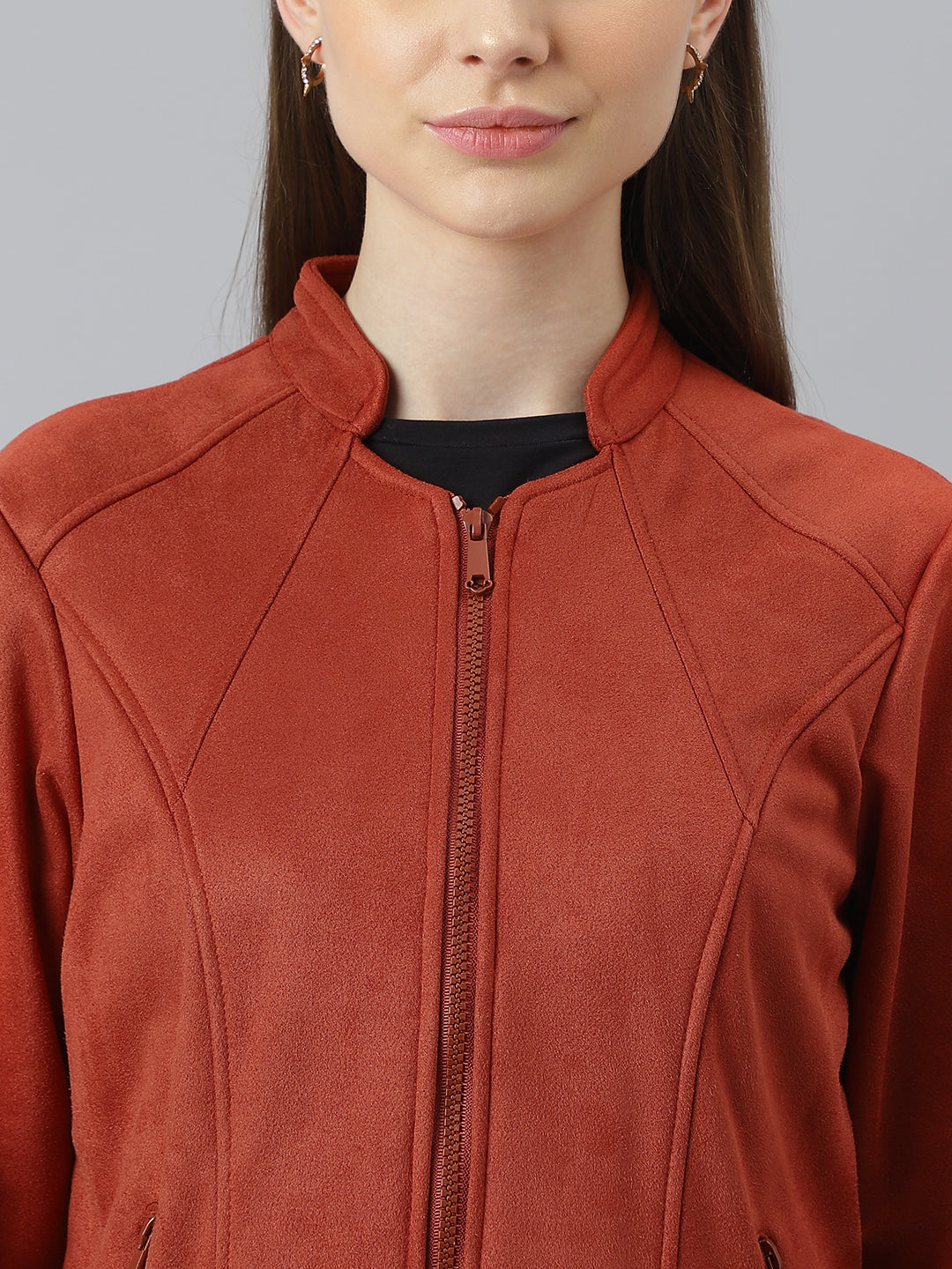 Red Full Sleeve Round Neck Solid Women Straight Jacket for Casual