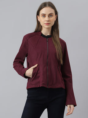 Wine Full Sleeve Round Neck Solid Straight Jacket for Women