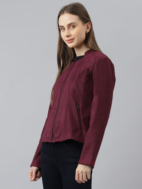 Wine Full Sleeve Round Neck Solid Straight Jacket for Women