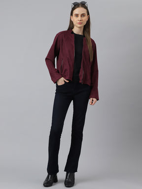 Wine Full Sleeve Round Neck Solid Straight Jacket for Women