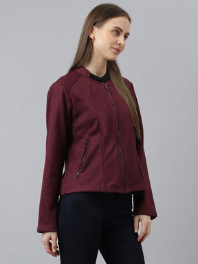 Wine Full Sleeve Round Neck Solid Straight Jacket for Women