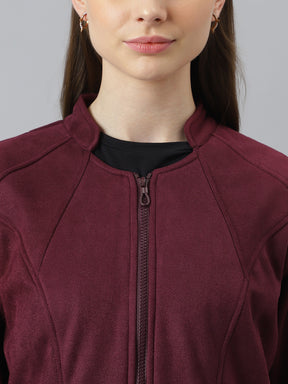 Wine Full Sleeve Round Neck Solid Straight Jacket for Women