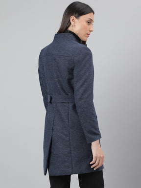 Blue Full Sleeve Solid Over Coat Jacket