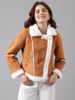 Tan Full Sleeve Classic Fit 100% Polyester Fur Jacket