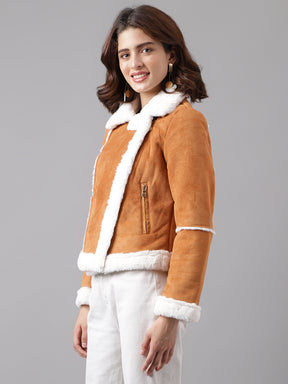 Tan Full Sleeve Classic Fit 100% Polyester Fur Jacket