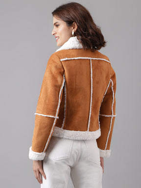 Tan Full Sleeve Classic Fit 100% Polyester Fur Jacket