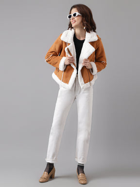 Tan Full Sleeve Classic Fit 100% Polyester Fur Jacket