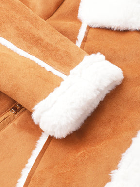 Tan Full Sleeve Classic Fit 100% Polyester Fur Jacket