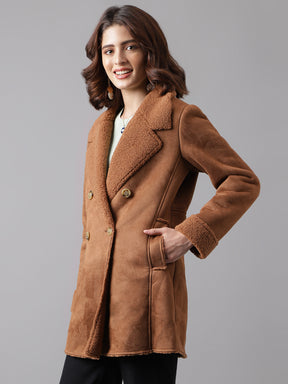 Brown Full Sleeve Classic Fit 100% Polyester Fur Jacket